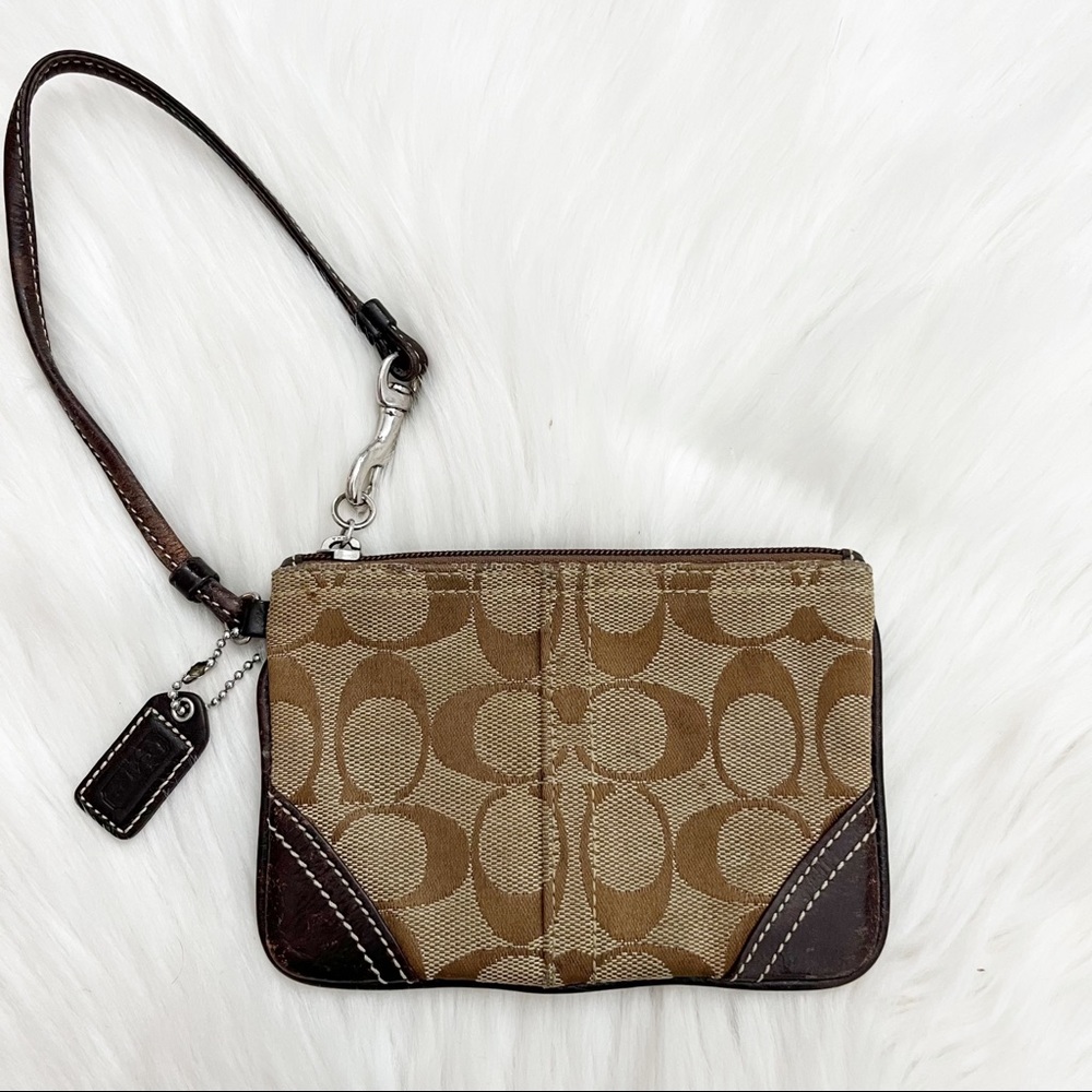COACH brown logo print wristlet